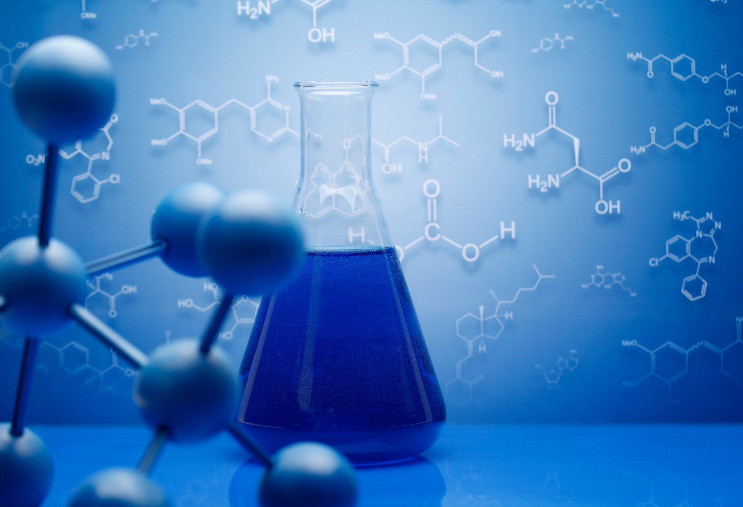 chemical glass full of blue chemicals infront of chemicals symbol wallpaper.